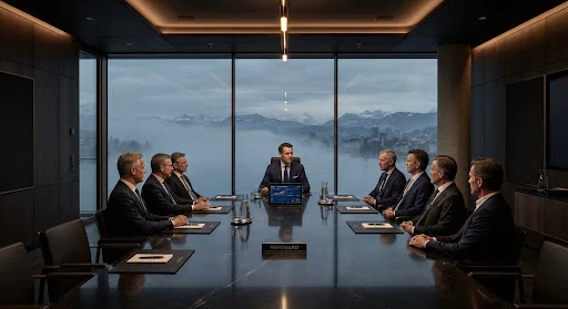 Monolithic luxury corporate boardroom in Zurich overlooking misty lake, dark obsidian marble conference table, warm architectural bronze illumination, minimalist bespoke armchairs, executive atmosphere of profound fiduciary authority and discretion, high-end architectural photography, 8k resolution