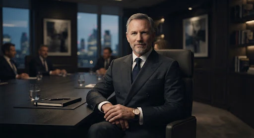 Dignified mature executive boardroom leader in tailored dark charcoal double-breasted suit, calm commanding presence, muted atmospheric lighting, executive editorial portrait