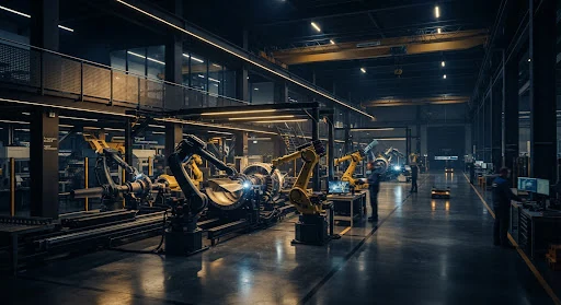 Modern precision advanced robotic turbine manufacturing facility in Germany, sleek dark metallic lighting, ultra-clean engineering floors, cinematic industrial lighting in moody gold and deep navy tones, high-end commercial architecture