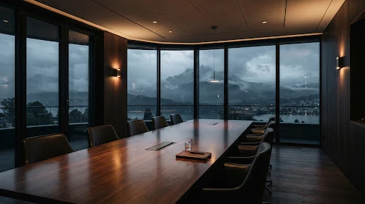 A moody, high-end photograph of a Zurich private boardroom overlooking foggy Alpine mountains, architectural precision, dark walnut surfaces with soft warm champagne ambient light reflections, minimal Swiss aesthetic, high dynamic range editorial photography