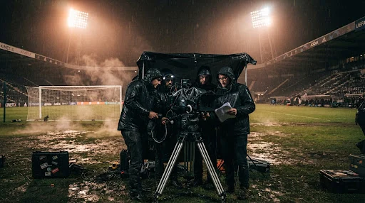 Gritty behind-the-scenes cinematography photograph showing director and camera operators rigging an ARRI Alexa 35 in heavy rain protection gear under massive tungsten stadium lighting towers on a wet European soccer pitch at night, steam rising from turf