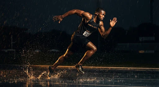 Sprinter athlete mid-stride through rain with water splashing dramatically in freeze frame, illuminated by intense razor-sharp amber key lighting against obsidian darkness