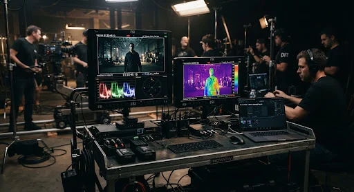 Technical cinema camera cart with calibrated Flanders Scientific color grading monitors displaying real-time waveform monitors and false color IRE exposure maps during a high-end commercial shoot