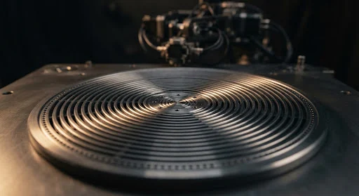 Extreme industrial macro cinematography of milled aluminum speaker grille with precision concentric grooves, warm grazing studio light, razor-thin depth of field, Bolt Cinebot robotic arm motion, dark titanium background
