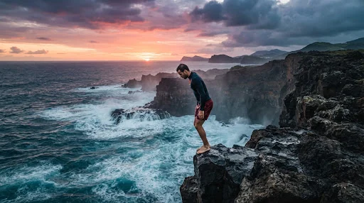 Dramatic extreme sports documentary frame of a cliff diver standing on an 85-foot volcanic rock precipice over crashing turquoise ocean waves in the Azores at dusk, captured by acrobatic cinematic FPV drone, dramatic ocean mist and orange sunset horizon