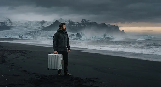 Minimalist traveler holding grooved aluminum luxury suitcase standing atop vast black volcanic sand beach in Iceland with giant jagged glaciers and misty sea spray in the background, moody overcast slate skies with muted amber glow on horizon, 65mm anamorphic wide shot