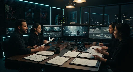 Cinematic production studio meeting room dimly lit with warm tungsten and neon cyan edge light. Directors and storyboard artists review high-contrast anamorphic film frames displayed across multiple calibrated ultra-wide broadcast reference monitors. Concept sketches, narrative treatments, and 3D wireframe pre-visualizations adorn dark graphite clipboards.