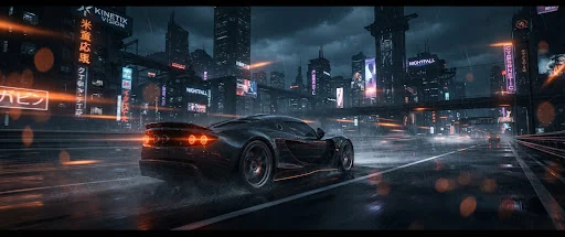 Cinematic wide 2.39 to 1 letterbox frame showing a sleek hypercar racing across a neon-lit dystopian rain-slicked highway at midnight, orange anamorphic streaks and lens flares cutting through mist, deep charcoal obsidian tones with titanium reflections, shot on ARRI Alexa 35