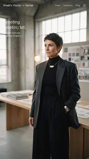 Editorial portrait of an executive female creative director in modern architectural minimalist studio clothing with subtle warm backlight