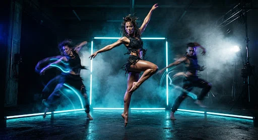 High-contrast darkroom studio with avant-garde contemporary dancers bathed in electric ultraviolet and cyan neon light strips, captured on RED V-Raptor 8K, extreme motion trails, smoky atmospheric haze and hyper-detailed skin textures