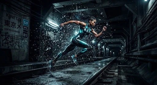 Futuristic athletic sprinter in mid-stride explosion inside a concrete brutalist Tokyo subway tunnel illuminated by strobe cyan lights, ultra slow motion 1000fps water droplet suspension, high-contrast titanium highlights and deep obsidian shadows, shot on Phantom Flex 4K