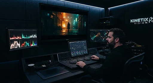 Nocturnal high-end color grading suite with dark acoustic wall panels. A master colorist works with a DaVinci Resolve Advanced Control Panel with three motorized trackballs and OLED rotary dials. In front, a massive calibrated Sony BVM-HX310 HDR mastering monitor displays a striking high-contrast anamorphic frame with rich amber highlights and deep teal shadows. Precision vectorscopes and waveform charts glow faintly on side displays.