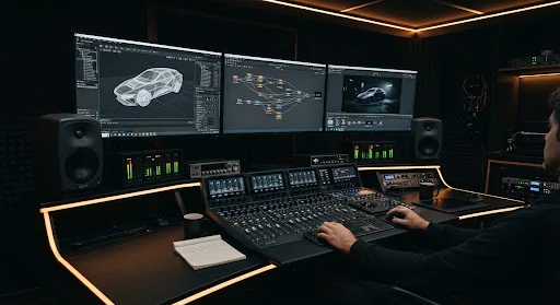 Futuristic visual effects post-production bay and sound design console. Large multi-screen array showing complex 3D wireframe product geometry rendering inside Unreal Engine 5 alongside node-based compositing flowcharts in Nuke. Below, an Avid S6 modular audio mixing console sits with illuminated motorized faders, surrounded by Genelec studio monitors in an acoustically treated darkroom with subtle amber edge lighting.