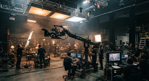Massive Hollywood soundstage floor with high-end camera packages on set. An ARRI Alexa 35 camera rig equipped with Cooke anamorphic prime lenses is mounted on a heavy-duty motion-control techno-crane. Grips and electric department rig large overhead softboxes diffusing warm amber and cool daylight. Atmosphere is filled with controlled haze, laser levelers, and broadcast monitors.