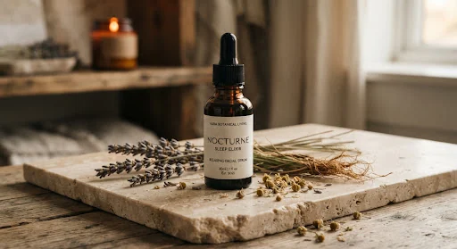 Minimalist apothecary amber glass dropper bottle of facial sleep elixir labeled Nocturne, sitting on polished travertine stone surrounded by dried organic lavender sprigs and vetiver root, warm editorial low-key evening lighting.