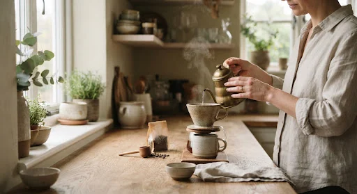 Peaceful morning light spilling across an oak kitchen counter where a person pours hot water from a brass kettle into a handcrafted ceramic dripper, steam rising gently in a tranquil wabi-sabi home environment.