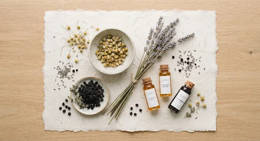 Overhead flatlay photograph of botanical ingredients including dried chamomile heads, lavender stalks, pressed elderberries, and small glass vials of essential oil resting on rustic Japanese washi paper.