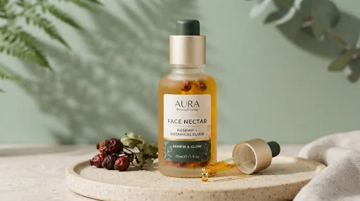Frosted glass apothecary face nectar bottle with pipette dropper, displaying vibrant golden herbal rosehip elixir against a calm muted sage green background with organic shadow patterns.