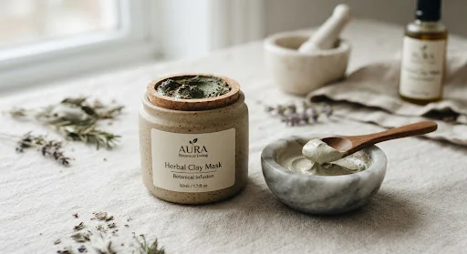 Tactile stoneware jar with cork lid containing green herbal clay mask, surrounded by stone bowl with smooth wooden spoon holding pale green clay paste, minimalist high-end skincare aesthetic.
