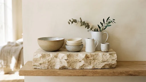 Minimalist collection of handcrafted matte ceramic tableware, fluted white stoneware pouring vessels, and earthy textural clay bowls arranged sculpturally on a raw untreated limestone block against a warm cream plaster wall with gentle natural lighting.