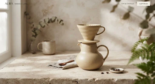 Minimalist sand-colored ceramic pour-over cone and matching sculptural carafe on raw neutral stone background with gentle natural morning shadows and organic earthy textures