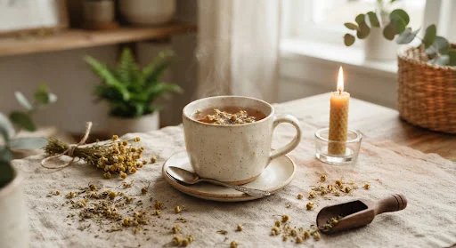 Editorial still life arrangement of a ceramic tea mug with freshly brewed botanical herbal tea, a lit beeswax candle, and dried chamomile flowers arranged calmly on a natural linen mat with soft ambient candlelight.