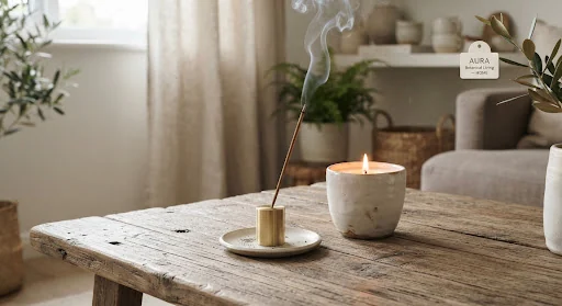 Serene living atmosphere with a gently smoking Japanese Hinoki wood incense stick in a minimal brushed brass holder, beside a warm glowing beeswax candle in a textured off-white ceramic cup on a weathered timber table.