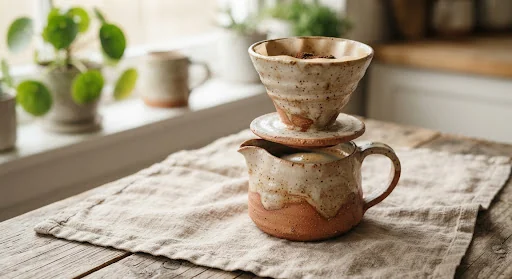 Handmade ceramic wabi-sabi coffee dripper and pour-over pitcher in terracotta and speckled cream glaze, resting on a textured linen cloth with soft morning light illuminating the rough artisanal clay texture.