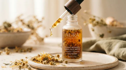 Detailed macro shot of organic botanical herbal face nectar in a frosted amber dropper bottle, drops of cold-pressed oil glistening with dried calendula petals and chamomile flowers, soft cinematic daylight with earthy olive and amber hues.