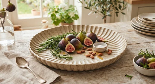 Large fluted ceramic stoneware serving platter in unglazed raw sand texture with subtle natural glaze pools, styled with fresh figs and rosemary sprigs in an editorial high-end culinary photography aesthetic.