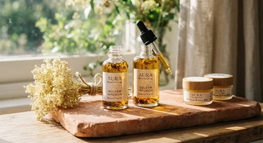 Artisanal glass dropper bottles filled with golden herbal botanical skincare face oil, beside dried elderflower bundles and raw beeswax balms on a warm terracotta slab, natural dappled morning sunlight reflecting off clear botanical extracts.