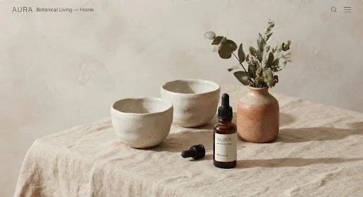 Editorial still life photograph of warm wabi-sabi tactile matte ceramic tea bowls, speckled terracotta vase, amber glass apothecary dropper bottle with botanical extract, and dried eucalyptus leaves on raw linen surface under soft diffused morning light with gentle organic shadows in natural beige and deep sage tones.