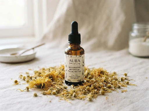 Amber dropper glass bottle of restorative botanical facial nectar surrounded by dried wild calendula and chamomile petals on brushed linen surface in soft diffuse light