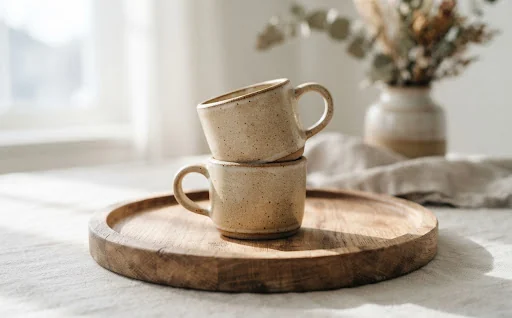 Two small ergonomic stoneware espresso cups in warm dune glaze stacked gently on a raw wood tray, soft morning shadows, tactile wheel-thrown ceramic details with subtle unglazed rims.