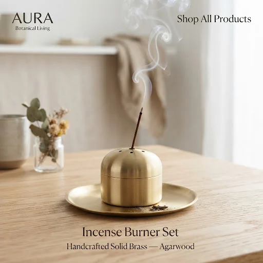 Heavy solid brushed brass dome incense burner on a circular brass ash-catcher plate, with a fine coil of delicate smoke rising gracefully from burning natural agarwood stick, luxury minimalist object.