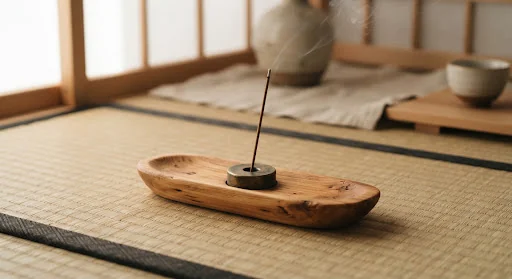 Hand-carved fragrant Hinoki cedar wood incense holder with a solid antiqued brass burner well, minimal Japanese craftsmanship aesthetic, warm grain texture resting on natural woven tatami.
