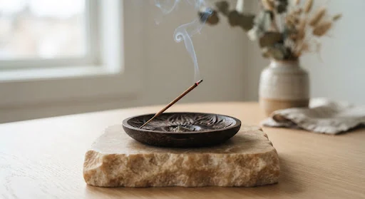 Dark carved Japanese Hinoki wood incense holder dish holding smoldering cedar incense stick with delicate smoke curl on textured warm alabaster pedestal