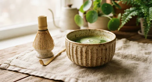 Close up artisanal studio photography of a textured ribbed ceramic matcha bowl in speckled oat glaze with a matching ceramic whisk stand resting on raw natural linen cloth bathed in soft morning window light. Warm beige, creamy stoneware tones.