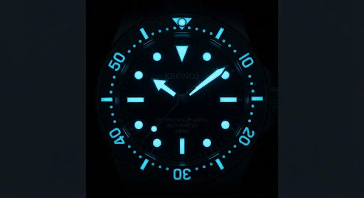 Watch dial photographed in total pitch darkness showcasing blazing Swiss Super-LumiNova BGW9 glowing bright icy teal blue on triangle marker, indices, and hands.