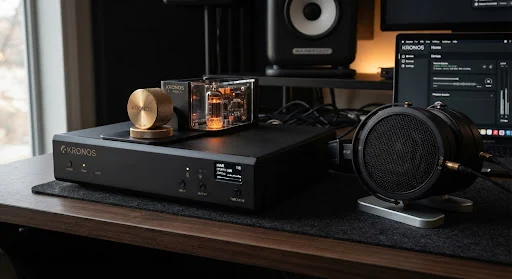 Futuristic studio audio component carved from solid matte aerospace billet aluminum, knurled brass volume dial, planar magnetic headphone element resting nearby, warm glowing vacuum tube reflections on dark anodized metal, ultra sharp product visual