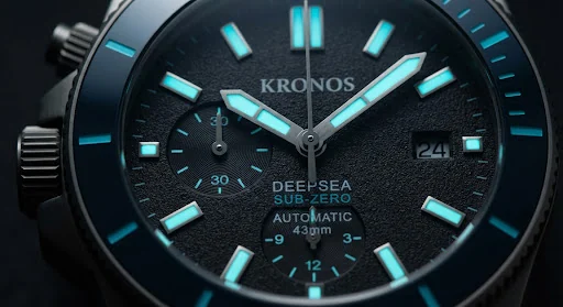 Extreme macro shot of the 43mm titanium dive watch dial showing textured matte surface, recessed sub-dials, date aperture at 3 o'clock, and brushed steel hands with cyan luminescence.
