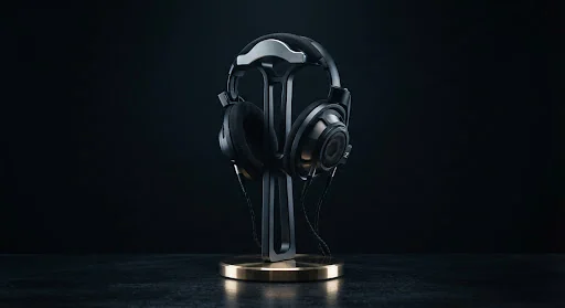 Minimal architectural audio stand made of CNC milled aerospace aluminum and mirror polished brass circular base, supporting high-end studio headphones, pure obsidian background with subtle rim illumination, gallery-grade audio gear aesthetics