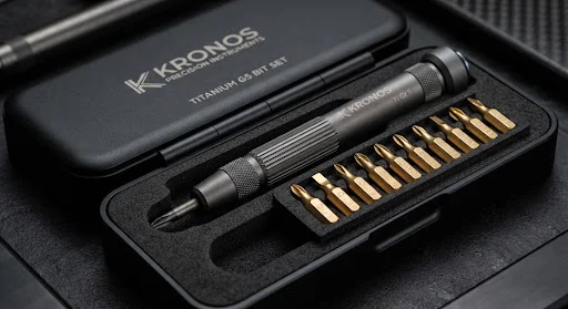 Milled titanium Grade 5 precision screwdriver with micro-fluted grip, resting alongside brass-jacketed Wiha bits inside a fitted matte black organizer case. Sleek industrial engineering aesthetic, extreme close up product photography with specular studio highlights.