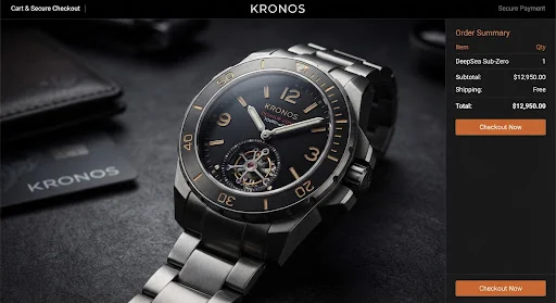 High-end close up technical product photography of the KRONOS DeepSea Sub-Zero 43mm horological watch crafted in raw brushed Grade 5 titanium, synthetic sapphire lens with anti-reflective coating, intricate tourbillon escapement visible, obsidian black dial with subtle brass markers, dramatic studio rim lighting with sharp metallic reflections