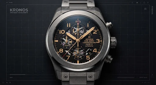 Technical macro studio shot of the KRONOS Sub-Zero Chronograph Mark IV with dark Grade 5 titanium sandblasted case, brushed chamfered bezel, matte obsidian dial with warm golden indices and skeletonized sub-dials, sapphire crystal antireflective sheen, deep dramatic rim lighting, luxury horology photography, ultra-high resolution, hyper-detailed mechanical parts