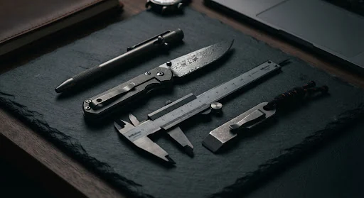 Minimalist luxury desk layout of titanium EDC gear including a bolt-action monolithic pen, Damascus patterned folding blade, titanium calipers, and micro pry bar on a dark slate surface, moody precision lighting, metallic reflection, tactical luxury aesthetic