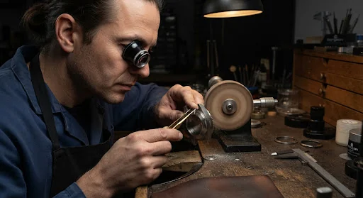 Artisan watchmaker using high magnification loupe and wooden polishing wheel to hand-finish mirror beveled edges on a titanium watch case.
