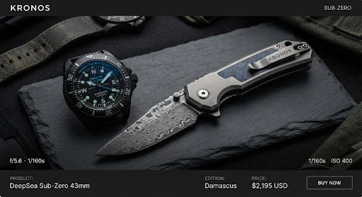 High contrast luxury everyday carry Damascus steel folding knife with titanium handle inlays resting next to tactical sea compass.