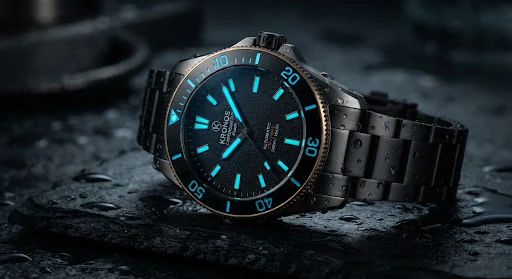 High-end macro studio photography of KRONOS Sub-Zero Chronometer 43mm resting on deep wet black slate with condensation water droplets. Matte black DLC and brushed aerospace titanium finish, matte black dial with deep teal Super-LumiNova BGW9 glowing on indices and hands. Crisp chamfered edges, knurled bezel, dark moody dramatic horological lighting with warm titanium-brass rim accents.
