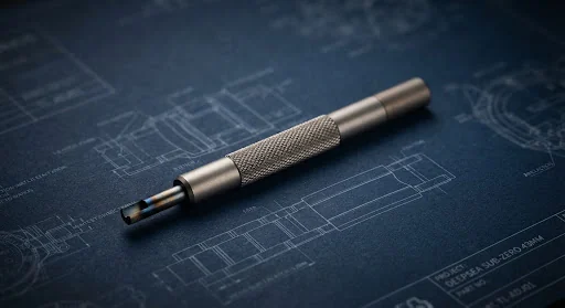 Aerospace grade-5 titanium micro link adjustment tool with knurled grip and heat-treated hardened steel tip lying on a dark blueprint surface.